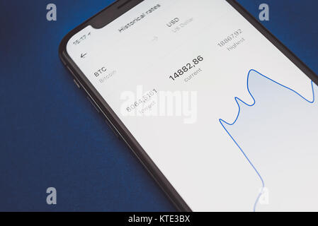 KAUNAS, LITHUANIA - DECEMBER 23, 2017: Exchange rate of Bitcoin. Viewf of Revolut app on iPhone X screen. Crypto currencies concept. Stock Photo