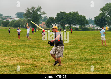 Lviv, Ukraine - July 23, 2017: Unknown aircraft modelers  launches his own radio-controlled  model  glider  in the countryside near the city of Lviv., Stock Photo