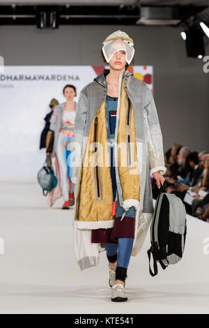 London, UK. 7 June 2017. A model walks the runway wearing a collection created by Thamali Dharmawardena from Academy of Design during the International Catwalk Competition at Graduate Fashion Week 2017 at the Old Truman Brewery. Graduate Fashion Week is an annual event that showcases recent graduates' collections from the UK's leading fashion colleges and university courses in a series of fashion shows and exhibitions. Stock Photo