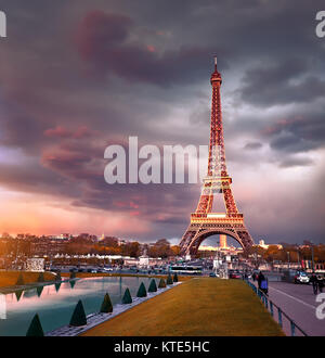 Eiffel tower on a sunset half-lit with last rays of the setting Sun. Panoramic toned image.