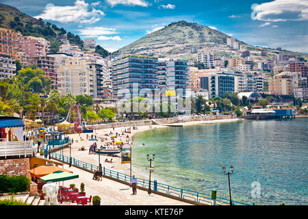 Main city promenade and pablich beach in Saranda, Albania. Stock Photo