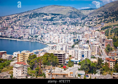 Panoramic view on Saranda city at suny day, Albania. Stock Photo