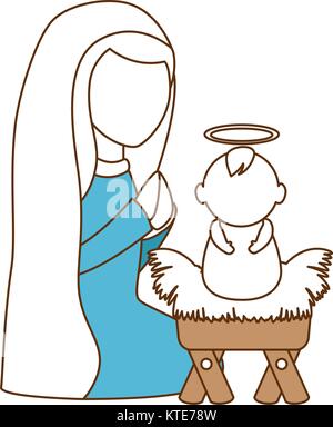 cute virgin mary with jesus baby characters vector illustration design Stock Vector