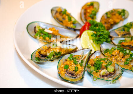 Mussels with spicy sauce and herbs. Studio Photo Stock Photo