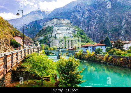 Impressive Forte di Bard,view with river and muntains,North Italy,near Aosta. Stock Photo
