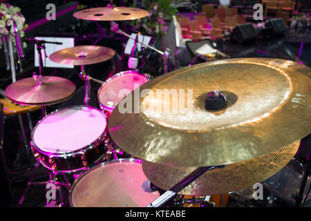 drum set and music notes in concert studio Stock Photo