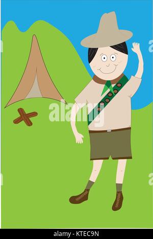 Boy scout illustrated in uniform with badges standing outdoors saluting with tent and campfire. Stock Vector