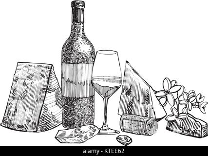 Composition of a bottle of wine, glasses, parmesan cheese, grapes and leaves with olives. Hand drawn engraving style illustrations. Banners of wine vintage background. Stock Vector