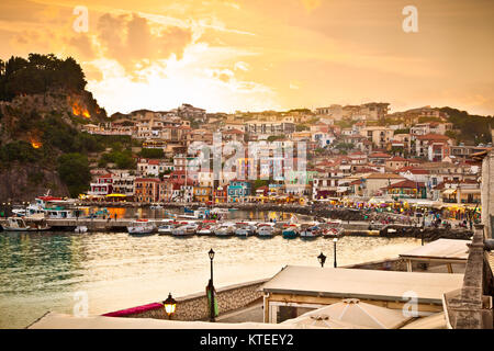 Beautiful panoramic view of Parga port and houses colors early evening, Greece. Stock Photo