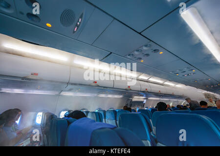 Interior of Philippine Airlines (PAL) with passengers on Nov 17, 2017 leaving Boracay Island in the Philippines Stock Photo