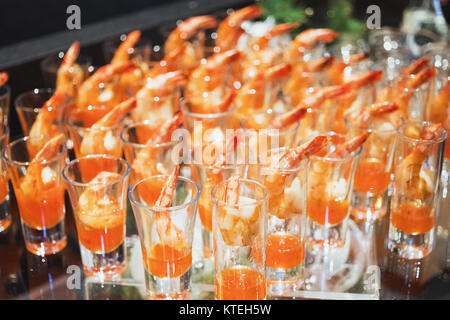 Shrimp cocktail in shot glass shot closeup Stock Photo