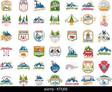 Big set of camping, hiking, tourism emblems. Design element for emblem, sign, label, poster. Vector illustration Stock Vector