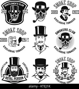 Set of smokers club emblems. Vintage gentlemans portraits with smoking pipes. Design element for logo, label, emblem, sign, poster, banner. Vector ill Stock Vector