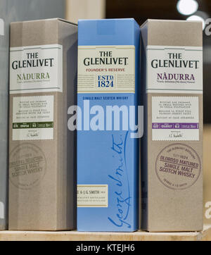 KIEV, UKRAINE - NOVEMBER 25, 2017: The Glenlivet Single Malt Scotch Whisky closeup at 3rd Ukrainian Whisky Dram Festival in Parkovy Exhibition Center. Stock Photo