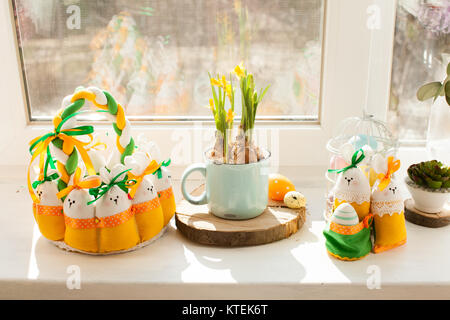 Easter decorations - textile basket with eggs and rabbits Stock Photo
