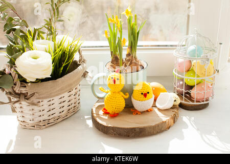 Easter decorations - crochet chicks from the egg shell Stock Photo