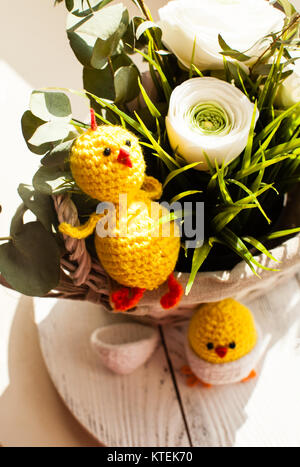 Easter decorations - crochet chicks from the egg shell Stock Photo