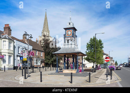 Market Clock and Methodist Church spire, Ashton Square, Dunstable, Bedfordshire, England, United Kingdom Stock Photo