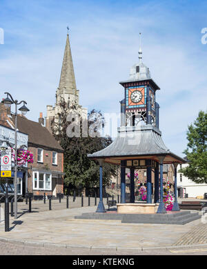 Market Clock and Methodist Church spire, Ashton Square, Dunstable, Bedfordshire, England, United Kingdom Stock Photo