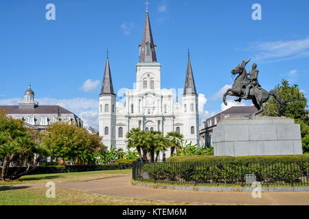 Jackson Square - A wide-angle view of Jackson Square, with Saint Louis Cathedral and statue of Andrew Jackson, in French Quarter. New Orleans, LA, USA