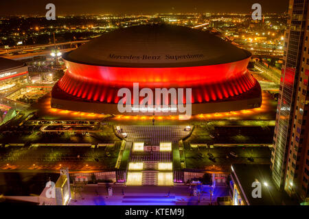 Superdome in Red - At night, Mercedes-Benz Superdome, the home stadium of New Orleans Saints football team, is lit up by bright and colorful lights.