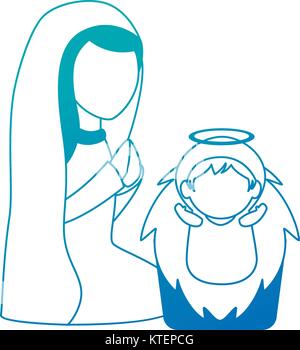 cute virgin mary with jesus baby characters vector illustration design Stock Vector