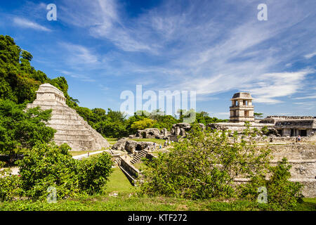Palenque Palace and Temple of the Inscriptions, Chiapas, Mexico Stock Photo