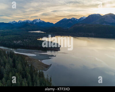 Aerial photo of Nimpkish Lake and Nimpkish River on a late winter afternoon, British Columbia, Canada. Stock Photo