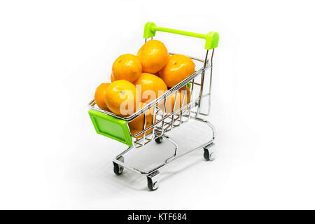 Metal shopping basket on wheels with green handle with mandarin inside isolated on white background, consumer basket, food cart, front and side view Stock Photo