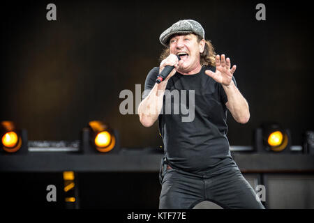 The Australian rock band AC/DC performs a live concert at Valle Hovin Stadion in Oslo as part of the Rock or Bust World 2015 Tour. Here vocalist Brian Johnson seen live on stage. Norway, 17/07 2015. Stock Photo