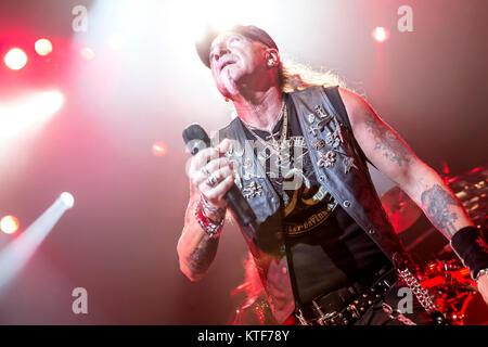 The German heavy metal band Accept performs a live concert at Rockefeller in Oslo. Here vocalist Mark Tornillo is seen live on stage. Norway, 01/10 2014. Stock Photo