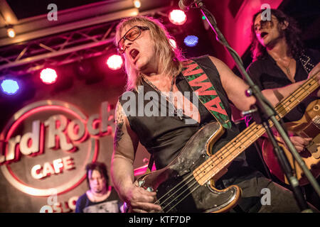 The Norwegian rock band Ammunition performs a live concert at Hard Rock Cafe in Oslo. Here bass player Victor Cito Borge is seen live on stage. Norway, 09/03 2017. Stock Photo