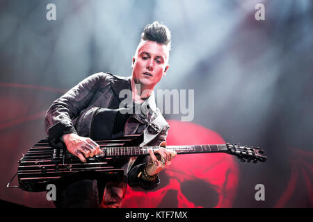 The American heavy metal band Avenged Sevenfold performs a live concert at Oslo Spektrum in Oslo. Here guitarist Synyster Gates is seen live on stage. Norway, 09/11 2013. Stock Photo