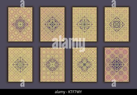 Card set with mosaic lace decorative elements background. Asian Indian oriental ornate banners Stock Vector