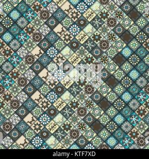 Vintage seamless pattern with tile patchwork elements. Winter ornament with snowflakes. Can be used for fabric, wallpaper, tile, wrapping, covers and  Stock Vector
