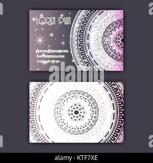 Vector vintage visiting card set. Glowing shiny floral mandala pattern and ornaments. Luxury design Stock Vector