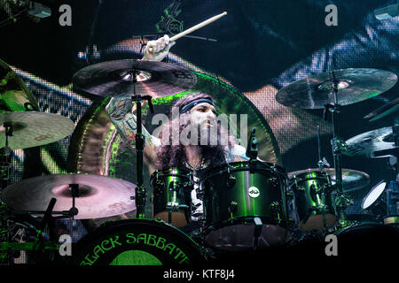 The English rock band Black Sabbath performs a live concert at Telenor Arena in Oslo. Here musician Tommy Clufetos on drums is seen live on stage. Norway, 24/11 2013. Stock Photo