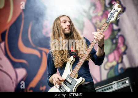 The Swedish rock band Blues Pills performs a live concert at the Norwegian music festival Tons of Rock 2016. Here bass player Zach Anderson is seen live on stage. Norway, 23/06 2016. Stock Photo