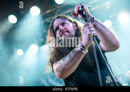 The Norwegian black metal band Borknagar performs a live concert at Vulkan Arena during the Norwegian heavy metal festival Inferno Metal Festival 2017 in Oslo. Here vocalist Paal Mathiesen a.k.a Athera is seen live on stage. Norway, 12/04 2017. Stock Photo