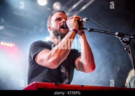 The Norwegian black metal band Borknagar performs a live concert at Vulkan Arena during the Norwegian heavy metal festival Inferno Metal Festival 2017 in Oslo. Here keyboardist Lars Nedland a.k.a Lazare is seen live on stage. Norway, 12/04 2017. Stock Photo