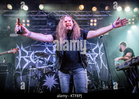 The Norwegian black metal band Borknagar performs a live concert at Vulkan Arena during the Norwegian heavy metal festival Inferno Metal Festival 2017 in Oslo. Here vocalist Paal Mathiesen a.k.a Athera is seen live on stage. Norway, 12/04 2017. Stock Photo