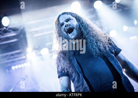 The Norwegian black metal band Borknagar performs a live concert at Vulkan Arena during the Norwegian heavy metal festival Inferno Metal Festival 2017 in Oslo. Here vocalist Paal Mathiesen a.k.a Athera is seen live on stage. Norway, 12/04 2017. Stock Photo