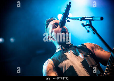 Bullet for My Valentine, the Welsh heavy metal band, performs a live concert at Rockefeller. Here vocalist and guitarist Matthew Tuck is seen live on stage. Norway, 03/04 2014. Stock Photo