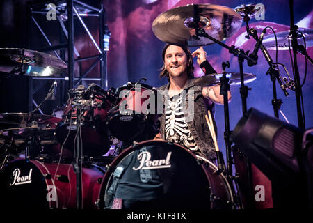 Bullet for My Valentine, the Welsh heavy metal band, performs a live concert at Rockefeller. Here drummer Michael Thomas is seen live on stage. Norway, 03/04 2014. Stock Photo