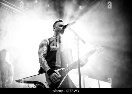 Bullet for My Valentine, the Welsh heavy metal band, performs a live concert at Rockefeller. Here vocalist and guitarist Matthew Tuck is seen live on stage. Norway, 03/04 2014. Stock Photo