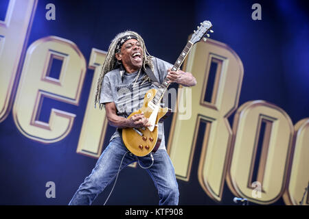 The American funk rock band Dan Reed Network performs a live concert at the Sweden Rock Festival 2016. Here guitarist Brion James is seen live on stage. Sweden, 10/06 2016. Stock Photo