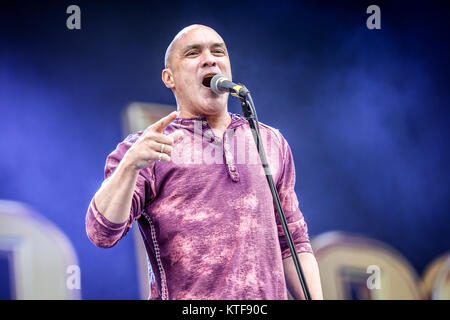 The American funk rock band Dan Reed Network performs a live concert at the Sweden Rock Festival 2016. Here singer Dan Reed is seen live on stage. Sweden, 10/06 2016. Stock Photo