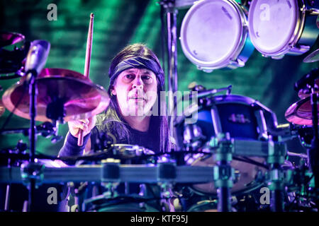 The American progressive metal band Dream Theater performs a live concert at Oslo Spektrum. Here drummer Mike Mangini is seen live on stage. Norway, 21/02 2014. Stock Photo