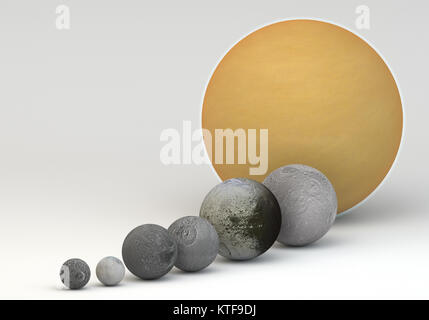 This image represents the comparison between the moons of Saturn in size comparison in a precise and scientific design.This is a 3d rendering. Stock Photo