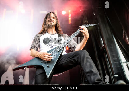 The French death metal band Gojira performs a live concert at the Norwegian music festival Øyafestivalen 2014. Here guitarist Christian Andreu is seen live on stage. Norway, 08/08 2014. Stock Photo